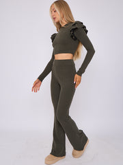 Frill Shoulder Ribbed Crop Top & Wide Leg Trouser Co-ord