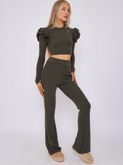 Frill Shoulder Ribbed Crop Top & Wide Leg Trouser Co-ord