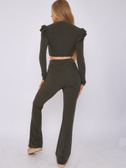 Frill Shoulder Ribbed Crop Top & Wide Leg Trouser Co-ord