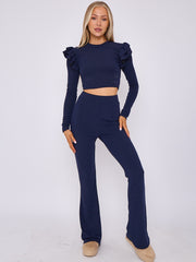 Frill Shoulder Ribbed Crop Top & Wide Leg Trouser Co-ord