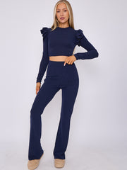 Frill Shoulder Ribbed Crop Top & Wide Leg Trouser Co-ord