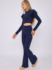 Frill Shoulder Ribbed Crop Top & Wide Leg Trouser Co-ord