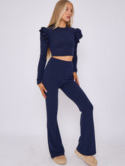 Frill Shoulder Ribbed Crop Top & Wide Leg Trouser Co-ord