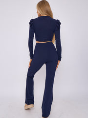 Frill Shoulder Ribbed Crop Top & Wide Leg Trouser Co-ord