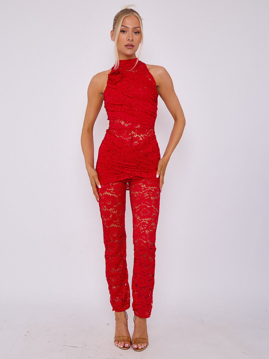 Short Red Lace Pantsuit Nayla Lace Jumpsuit Red – Thats So Fetch AU
