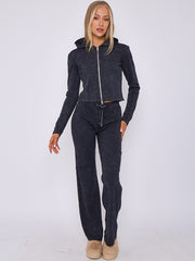 Acid Wash Zip Up Hood & Ribbed Flared Trouser Set