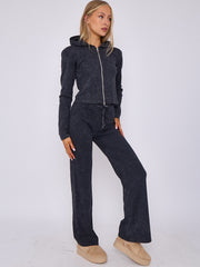Acid Wash Zip Up Hood & Ribbed Flared Trouser Set