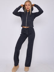 Acid Wash Zip Up Hood & Ribbed Flared Trouser Set
