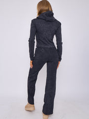 Acid Wash Zip Up Hood & Ribbed Flared Trouser Set