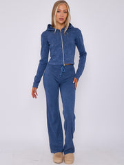 Acid Wash Zip Up Hood & Ribbed Flared Trouser Set