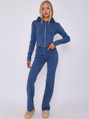 Acid Wash Zip Up Hood & Ribbed Flared Trouser Set
