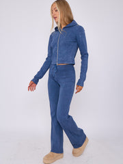 Acid Wash Zip Up Hood & Ribbed Flared Trouser Set