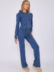 Acid Wash Zip Up Hood & Ribbed Flared Trouser Set