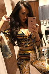 Patterned Print Tie Knot Bell Sleeve Crop Top