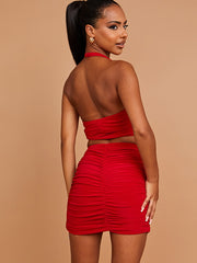Halter Plunge Crop Top & Ruched Skirt Co-ord