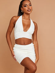Halter Plunge Crop Top & Ruched Skirt Co-ord