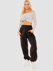 Ruched Frill Ribbed Bardot Crop Top