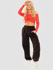 Ruched Frill Ribbed Bardot Crop Top