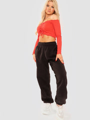 Ruched Frill Ribbed Bardot Crop Top