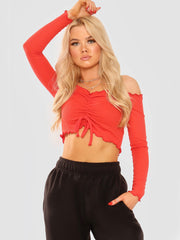 Ruched Frill Ribbed Bardot Crop Top