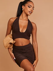 Halter Plunge Crop Top & Ruched Skirt Co-ord