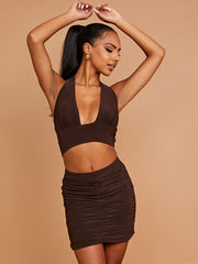 Halter Plunge Crop Top & Ruched Skirt Co-ord