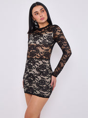 Lace Detail High Neck Long Sleeve Dress