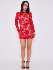 Lace Detail High Neck Long Sleeve Dress