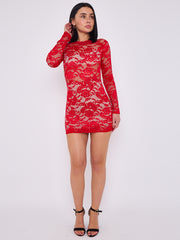 Lace Detail High Neck Long Sleeve Dress