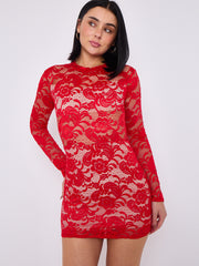 Lace Detail High Neck Long Sleeve Dress