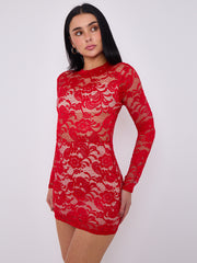 Lace Detail High Neck Long Sleeve Dress