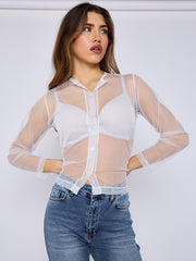 Mesh Button Through Long Sleeve Top