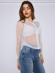 Mesh Button Through Long Sleeve Top