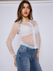 Mesh Button Through Long Sleeve Top