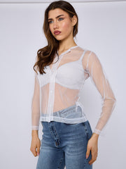 Mesh Button Through Long Sleeve Top