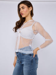 Mesh Button Through Long Sleeve Top