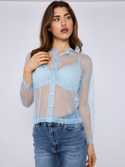 Mesh Button Through Long Sleeve Top