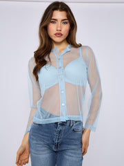 Mesh Button Through Long Sleeve Top