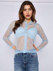 Mesh Button Through Long Sleeve Top