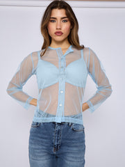 Mesh Button Through Long Sleeve Top