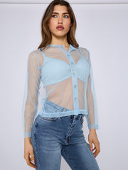 Mesh Button Through Long Sleeve Top