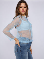 Mesh Button Through Long Sleeve Top