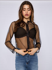 Mesh Button Through Long Sleeve Top