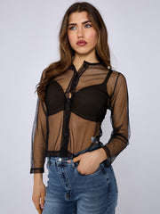 Mesh Button Through Long Sleeve Top