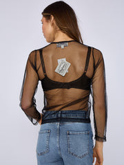 Mesh Button Through Long Sleeve Top