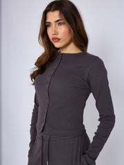 Ribbed Front Button Detail Top & Wide Leg Trouser Co-ord