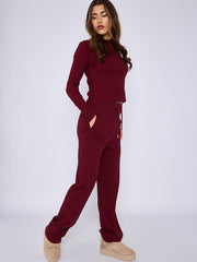 Ribbed Front Button Detail Top & Wide Leg Trouser Co-ord