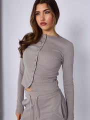 Ribbed Front Button Detail Top & Wide Leg Trouser Co-ord