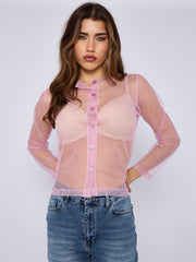 Mesh Button Through Long Sleeve Top
