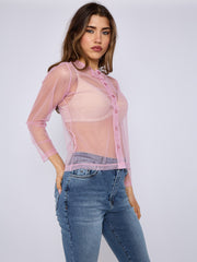 Mesh Button Through Long Sleeve Top
